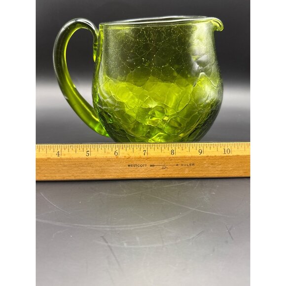 Vtg Blenko Green Crackle Glass Hand Blown Squat Pitcher Applied Handle And Spout - Picture 9 of 9